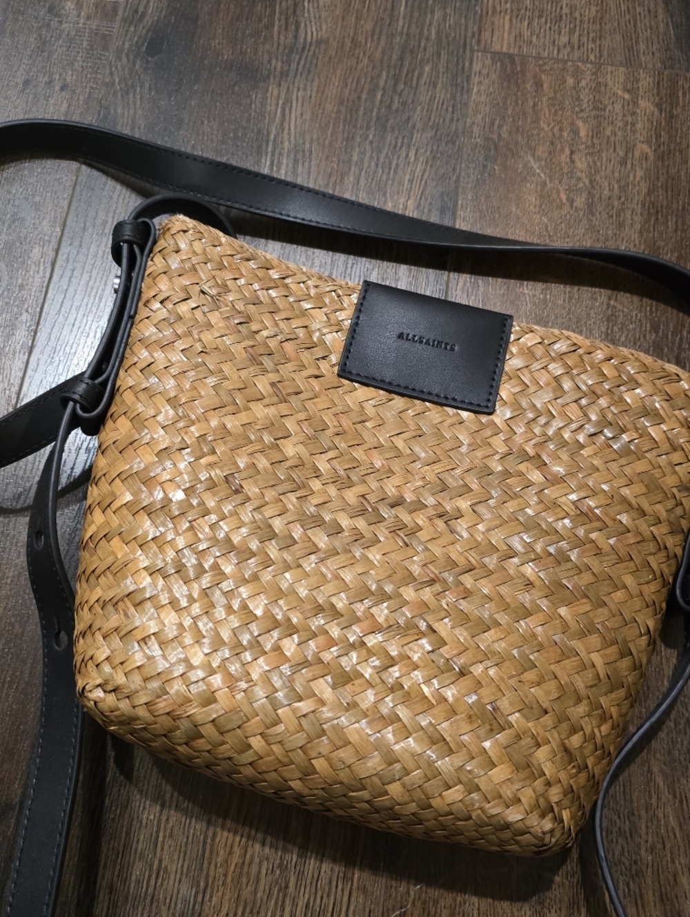 Woven Straw Crossbody Bag with Black Leather Trim